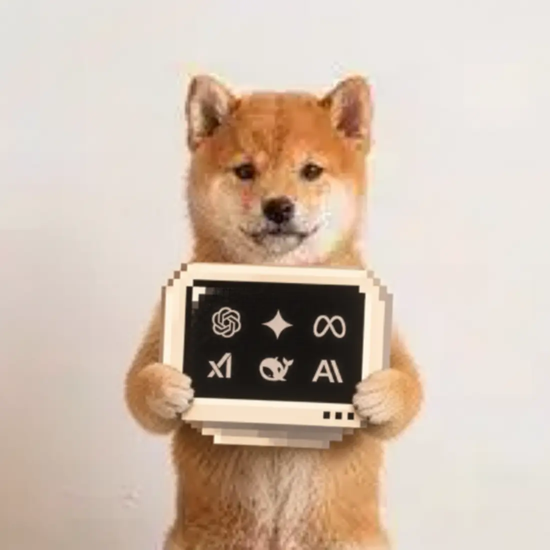 Baton, an orange Shiba Inu, holding his beige AI computer in both paws